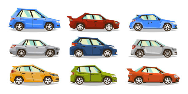 ilustraciones, imágenes clip art, dibujos animados e iconos de stock de juego de coches. vehículo de colección. sedán, hatchback, roadster, suv. la imagen de máquinas de juguete. objetos aislados sobre fondo blanco. ilustración de vector. estilo plano - roadster