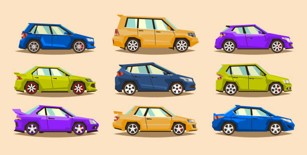 ilustraciones, imágenes clip art, dibujos animados e iconos de stock de juego de coches. vehículo de colección. sedán, hatchback, roadster, suv. la imagen de máquinas de juguete. objetos aislados sobre fondo blanco. ilustración de vector. estilo plano - roadster