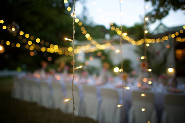 Wedding String Lights in focus at dusk A string of fairy lights hanging in-between trees photographed shining at night with image focus technique focus on the foreground bokeh background and dark Franschhoek Cape Winelands South Africa wedding party stock pictures, royalty-free photos & images