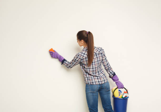 istock Young woman washing wall with sponge 928229676