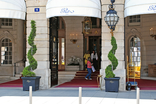 Paris, France, June 22: The facade of the Ritz hotel with the front door and the red carpet, June 22, 2012 in Paris. From the series life of a big city.