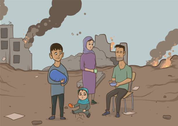 flüchtlingsfamilie im hintergrund von der zerstörten stadt. vektor-illustration. - support horizontal war afghanistan stock-grafiken, -clipart, -cartoons und -symbole