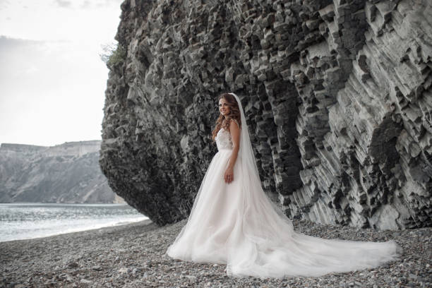 istock Beautiful bride in white dress posing on sea and mountains in background 928238708