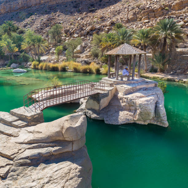 изумрудные бассейны в вади бани халид, оман - wadi bani khalid стоковые фото и изображения