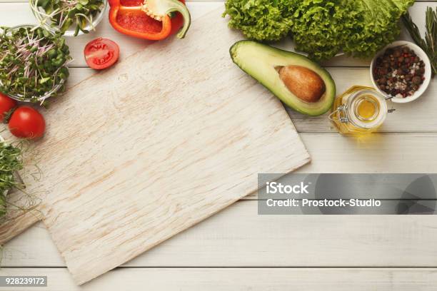 Cooking Healthy Food With Organic Ingredients Stock Photo - Download Image Now - Directly Above, Plank - Timber, Bread