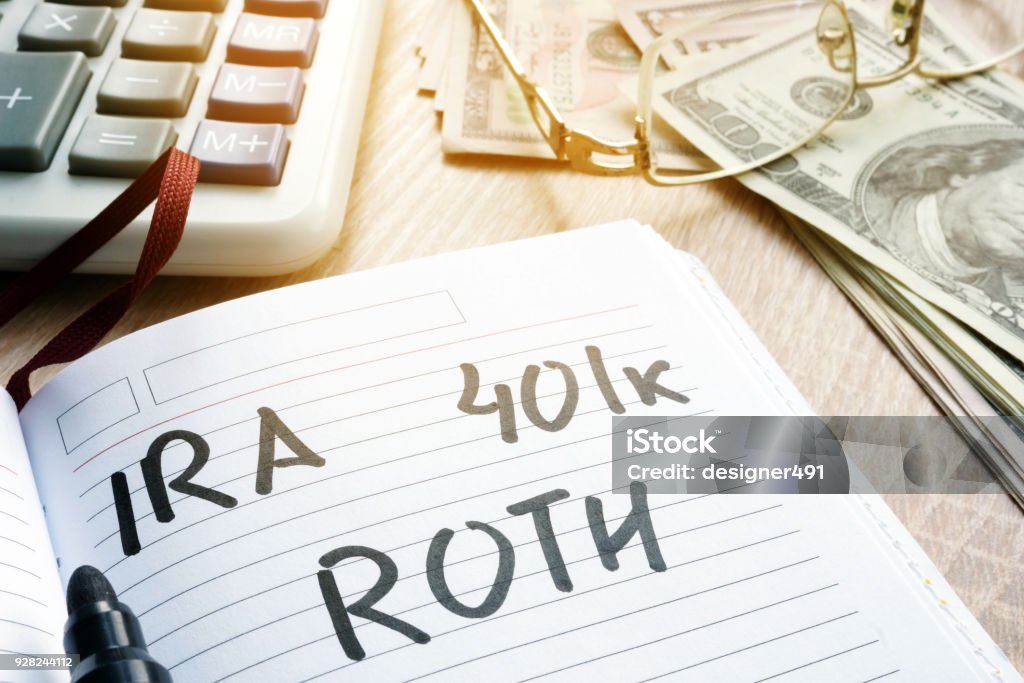 Words IRA 401k ROTH handwritten in a note. Retirement plans. Pension Stock Photo