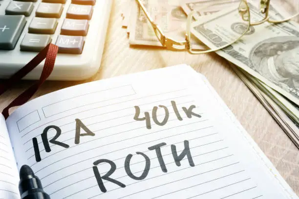 Photo of Words IRA 401k ROTH handwritten in a note. Retirement plans.