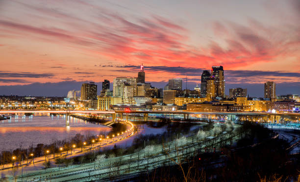 Saint Paul, MN Skyline at  Dusk Saint Paul, Minnesota - Skyline at Dusk - City Lights minnesota stock pictures, royalty-free photos & images