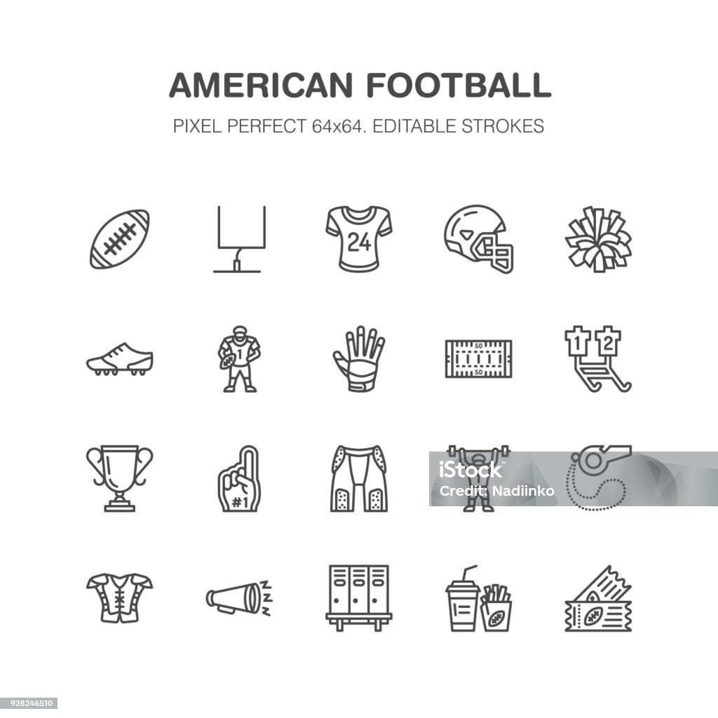 American football, rugby vector flat line icons. Sport game elements - ball, field, player, helmet, fan finger, snacks. Linear signs set, championship pictogram for fan store. Pixel perfect 64x64 American football, rugby vector flat line icons. Sport game elements - ball, field, player, helmet, fan finger, snacks. Linear signs set, championship pictogram for fan store. Pixel perfect 64x64. Icon Symbol stock vector