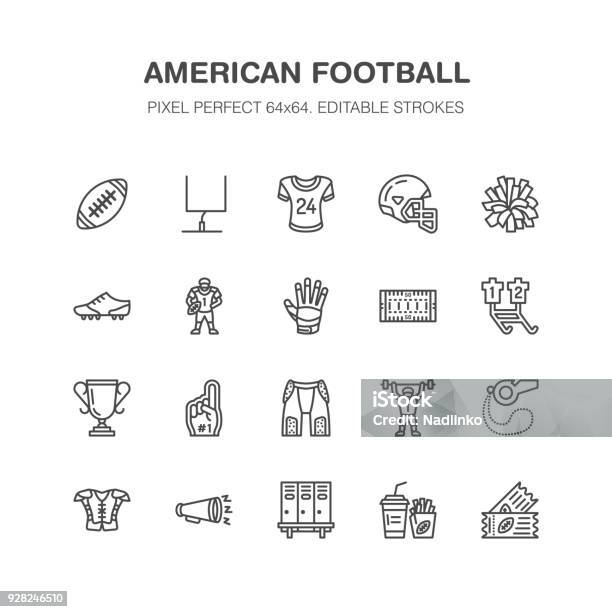 American Football Rugby Vector Flat Line Icons Sport Game Elements Ball Field Player Helmet Fan Finger Snacks Linear Signs Set Championship Pictogram For Fan Store Pixel Perfect 64x64 Stock Illustration - Download Image Now