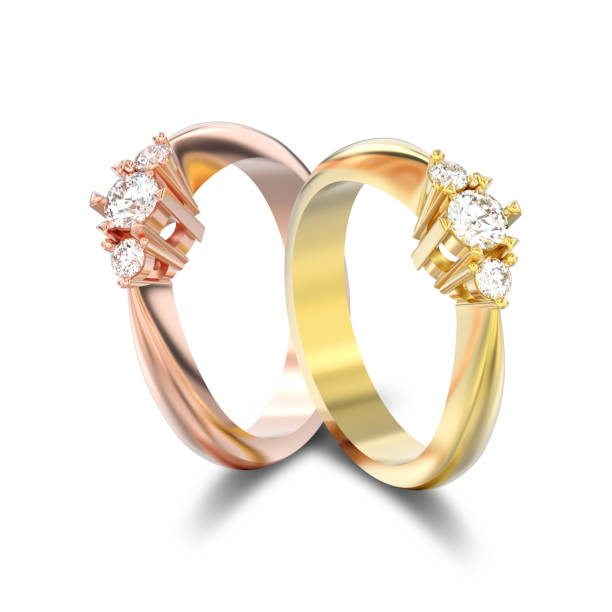 istock 3D illustration isolated two rose and yellow gold three stone diamond rings with shadow 928246730