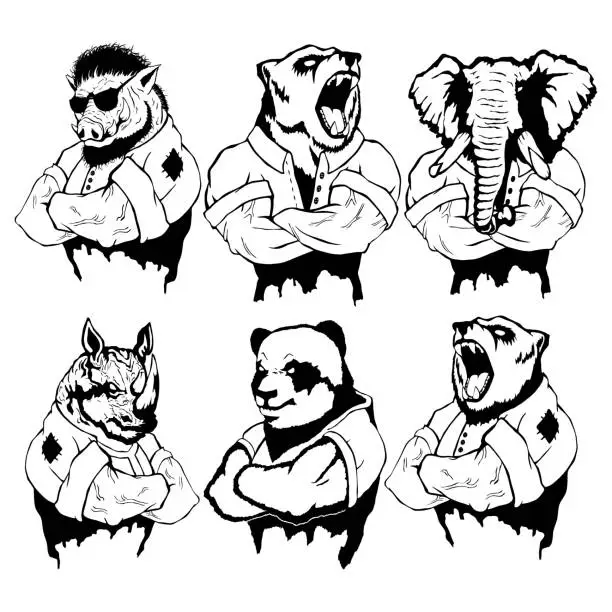 Vector illustration of Isolated vector illustration of a set strong wild animal - men.
