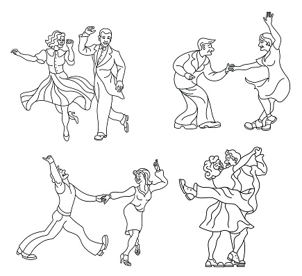 Dancing seniors set. Happy old people have fun. Active pensioners. Couple silhouettes dancing swing, rock or lindy hop.Outline retro dancer silhouette