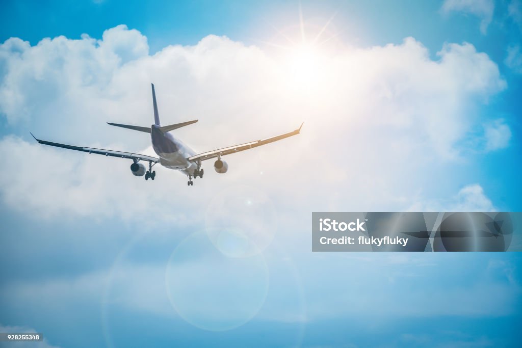 The airplane is flying towards the sky beautifully. Airplane Stock Photo