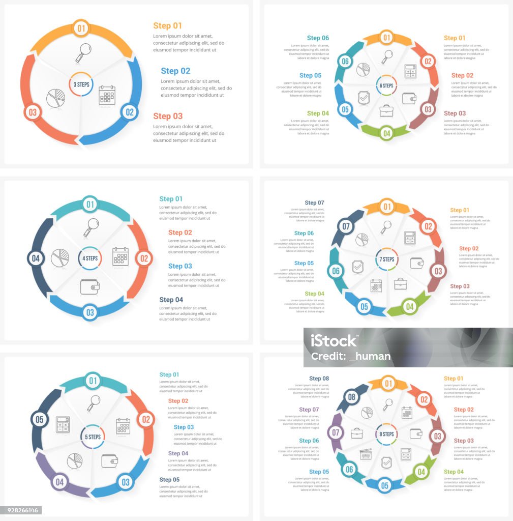 Circle Infographics Circle infographic templates with 3, 4, 5, 6, 7 and 8 elements, steps or options, workflow or process diagram, vector eps10 illustration Circle stock vector