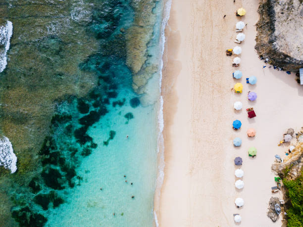 istock Beach umbrellas and blue ocean. Beach scene from above 928267590