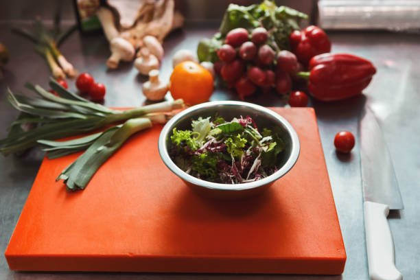 Cooking healthy meals at professional kitchen. Organic vegetables, mix salad in a bowl on red cutting board on steel table