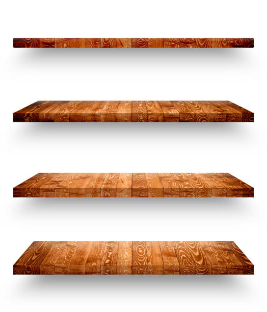 Wooden shelf isolated on white background with clipping path