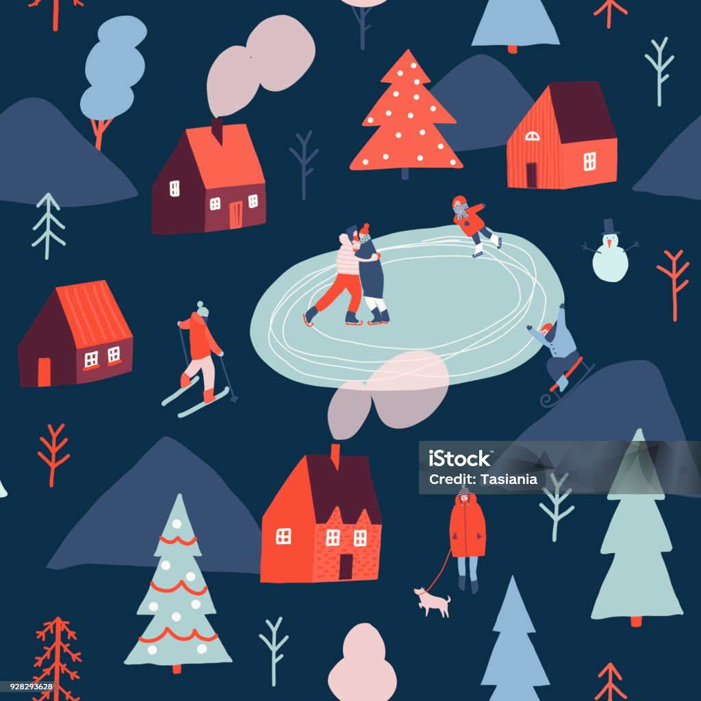 Christmas seamless pattern in vector. Christmas seamless pattern in vector. Winter season illustration with people are skiing, ice skating, sledding. Christmas stock vector