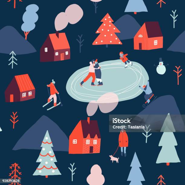 Christmas Seamless Pattern In Vector Stock Illustration - Download Image Now - Christmas, Village, Winter