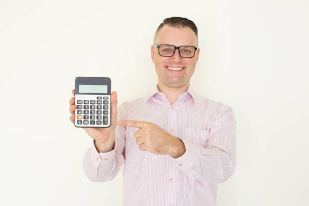 istock Cheerful man showing figure on calculator 928301246