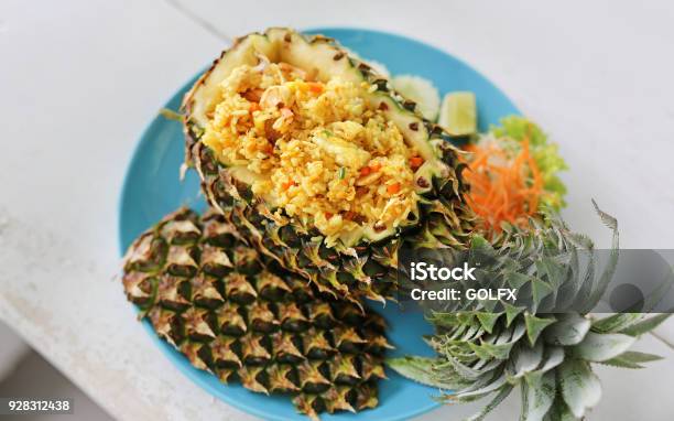 Prepared Pineapple Fried Rice Served Inside Of A Pineapple Carved Like A Bowl Stock Photo - Download Image Now