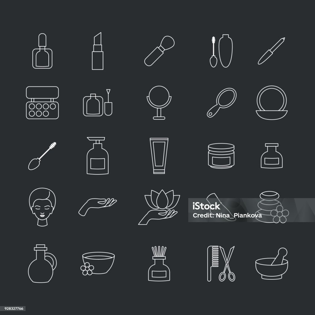Beauty and makeup icons Set of beauty and makeup icons. White background. Thin line contour symbols. Adult stock vector