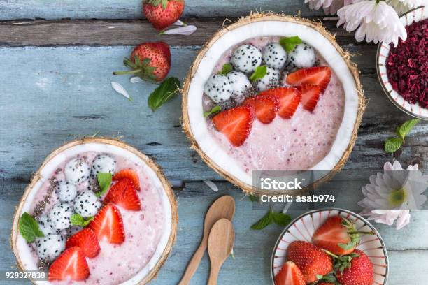 Smoothie Strawberry Bowls Stock Photo - Download Image Now - Coconut Milk, Smoothie, Banana