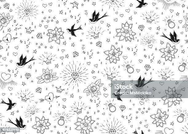 Old School Tattoos Seamles Pattern With Birds Flowers Roses And Hearts Love And Wedding Theme Black And White Traditional Tattoo Design Vector Illustration Stock Illustration - Download Image Now - iStock Old School Tattoos Seamles Pattern With Birds Flowers Roses And Hearts Love And Wedding Theme Black And White Traditional Tattoo Design Vector Illustration Stock Illustration - Download Image Now - iStock