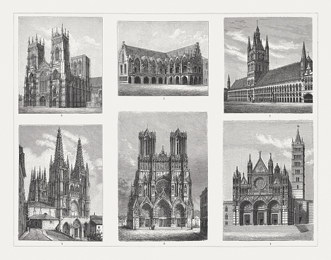 Gothic arcitecture (13th and 14th century: 1) Ypres Cloth Hall, Belgium (UNESCO World Heritage Site); 2) Reims Cathedral, France (UNESCO World Heritage Site); 3) Burgos Cathedral, Spain (UNESCO World Heritage Site); 4) Siena Cathedral, Italy; 5) Historic Town Hall in Brunswick, Germany; 6) York Minster, England. Wood engravings, published in 1897.