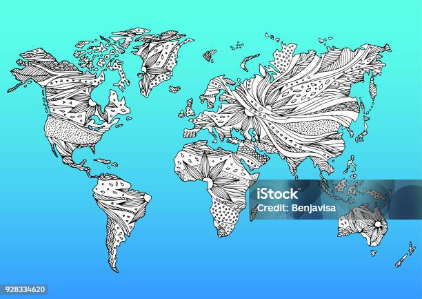 World Map Hand Drawn Flower Floral Design Vector Stock Illustration - Download Image Now - Abstract, Africa, Alternative Medicine