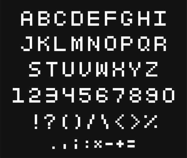 Pixel font set Pixel font set. Letter and numeral units of a digital image or graphic for computer display. Vector flat style cartoon illustration isolated on black background pixellated stock illustrations