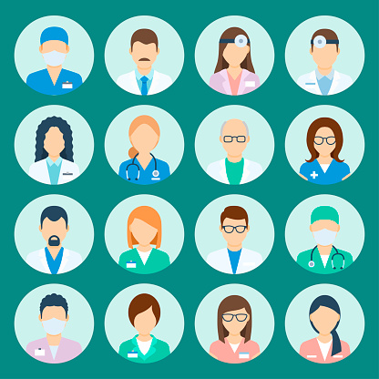 Avatar hospital staff. Medicine set with doctors and nurses avatar, medical practitioners, human healthcare specialists. Vector flat style cartoon illustration isolated on green background