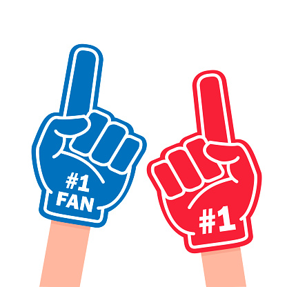 Fan foam finger. Blue and red sports item for hand to show a support for a team on championship game. Vector flat style cartoon illustration isolated on white background