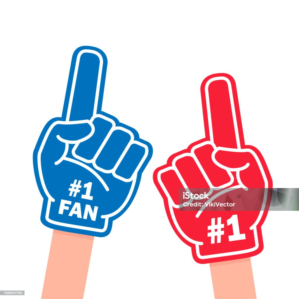 Fan foam finger Fan foam finger. Blue and red sports item for hand to show a support for a team on championship game. Vector flat style cartoon illustration isolated on white background Fan - Enthusiast stock vector