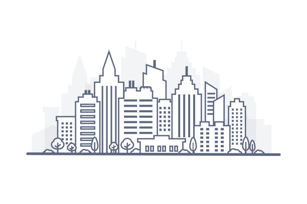 Thin line City landscape. Downtown landscape with high skyscrapers. Panorama architecture City landscape template. Goverment buildings Isolated outline illustration. Urban life Thin line City landscape. Downtown landscape with high skyscrapers. Panorama architecture City landscape template. Goverment buildings Isolated outline illustration. Urban life Vector illustration telephone line illustrations stock illustrations
