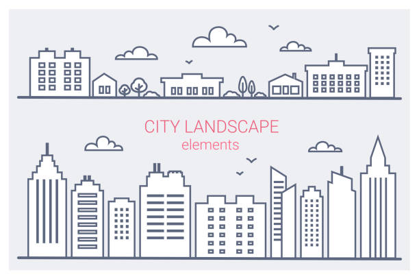 Thin line City buildings set. Downtown landscape with high skyscrapers. Panorama architecture City landscape template. Goverment buildings outline illustration. Urban life elements Thin line City buildings set. Downtown landscape with high skyscrapers. Panorama architecture City landscape template. Goverment buildings outline illustration. Urban life elements Vector illustration telephone line art stock illustrations