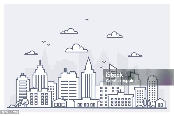 Dünne Linie Stadtlandschaft Die Innenstadt Von Landschaft Mit Hohen Wolkenkratzer Panoramaarchitekturstadtlandschaftvorlage Regierung Gebäude Isoliert Umriss Abbildung Urbanes Leben Stock Vektor Art und mehr Bilder von Icon