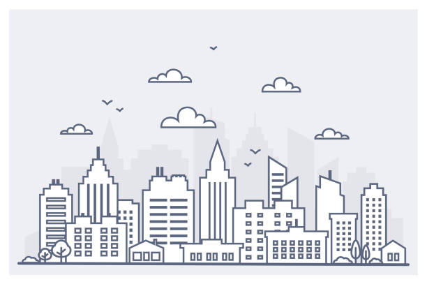 Thin line City landscape. Downtown landscape with high skyscrapers. Panorama architecture City landscape template. Goverment buildings Isolated outline illustration. Urban life Thin line City landscape. Downtown landscape with high skyscrapers. Panorama architecture City landscape template. Goverment buildings Isolated outline illustration. Urban life Vector illustration cityscape icons stock illustrations