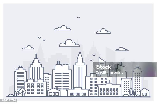 Thin Line City Landscape Downtown Landscape With High Skyscrapers Panorama Architecture City Landscape Template Goverment Buildings Isolated Outline Illustration Urban Life Stock Illustration - Download Image Now