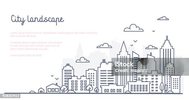 City Landscape Template Thin Line City Landscape Downtown Landscape With High Skyscrapers Panorama Architecture Goverment Buildings Isolated Outline Illustration Urban Life Stock Illustration - Download Image Now