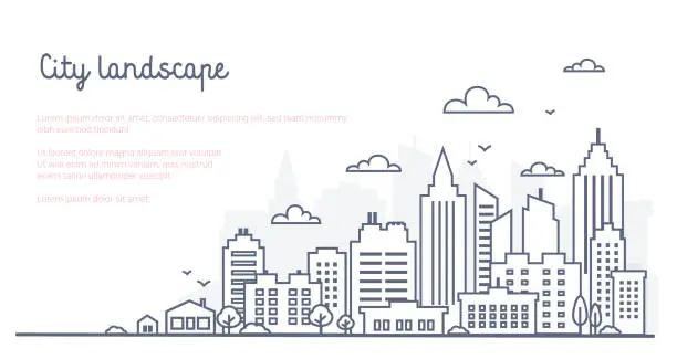 Vector illustration of City landscape template. Thin line City landscape. Downtown landscape with high skyscrapers. Panorama architecture Goverment buildings Isolated outline illustration. Urban life