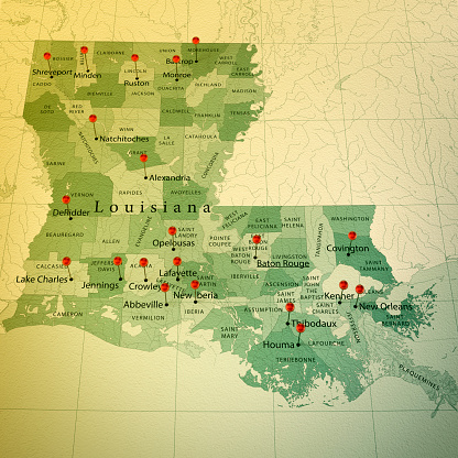 3D Render of a Map of Louisiana with Straight Pins at the Position of important Cities. Vintage Color Style. Very high resolution available!

All source data is in the public domain.
http://www.naturalearthdata.com/about/terms-of-use/
Made with Natural Earth: Internal Administrative Boundaries, Populated Places
http://www.naturalearthdata.com/downloads/10m-cultural-vectors/