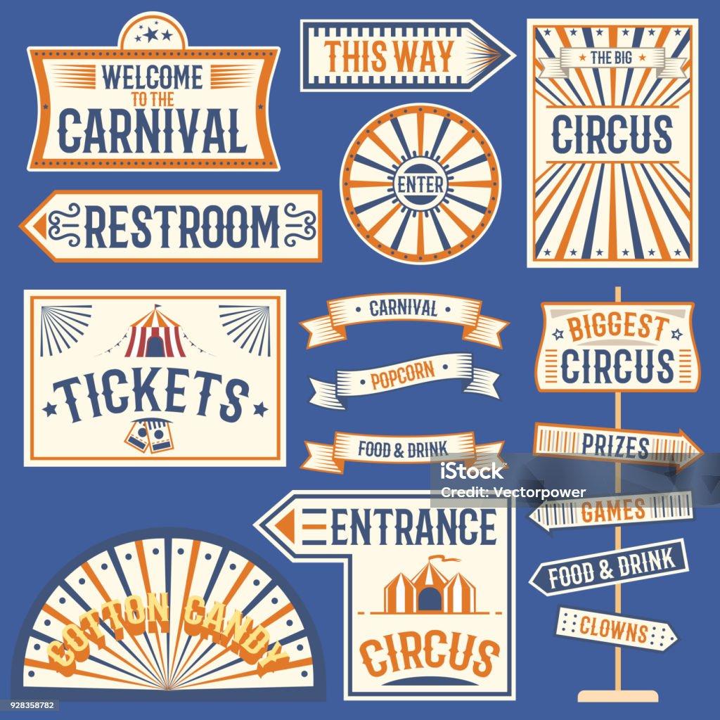Circus labels carnival show banner vintage label elements for circus design on the party theme. Collection of symbols old-style fashioned festive party emblems and logos fun tag graphic illustration Circus labels carnival show banner vintage label elements for circus design on the party theme. Collection of symbols old-style fashioned festive party emblems and logos fun tag graphic illustration. Circus stock vector
