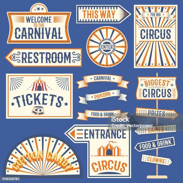 Circus Labels Carnival Show Banner Vintage Label Elements For Circus Design On The Party Theme Collection Of Symbols Oldstyle Fashioned Festive Party Emblems And Logos Fun Tag Graphic Illustration Stock Illustration - Download Image Now