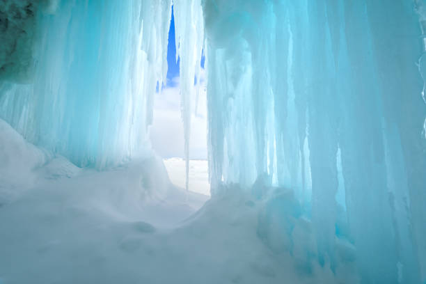 Icy cave with icicles, Sakhalin island, Russia.
