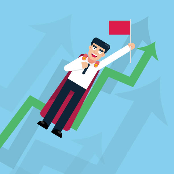 istock Super Businessman flying with Stock up flag, success concept. 928364764