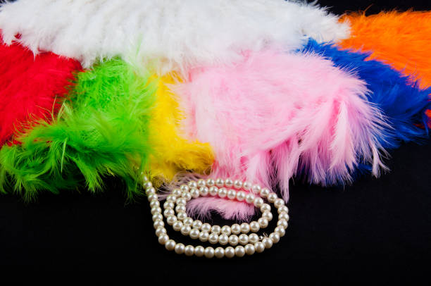 istock Perl necklace lay near soft colorful feathers on black fabric background 928367538