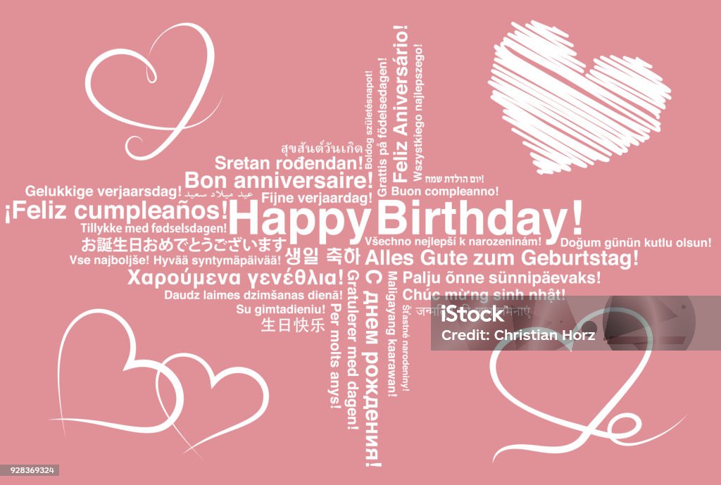 Happy Birthday in different languages wordcloud greeting card with heart shapes Birthday stock vector