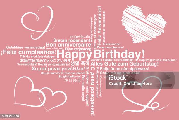 Happy Birthday In Different Languages Wordcloud Greeting Card With Heart Shapes Stock Illustration - Download Image Now